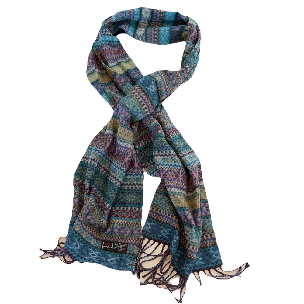 V. FRAAS Cashmink Scarf Made in Germany Teal Purple Fair Isle Snowflake Soft
